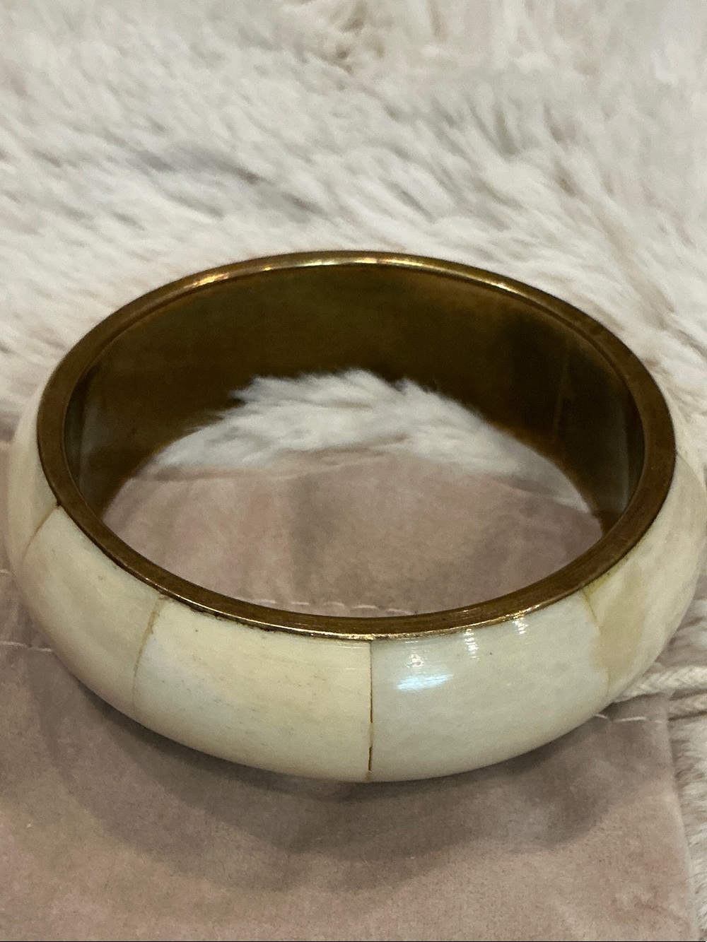 Vintage Boho Cream Bone & Brass Inlay Chunky Bangle Bracelet